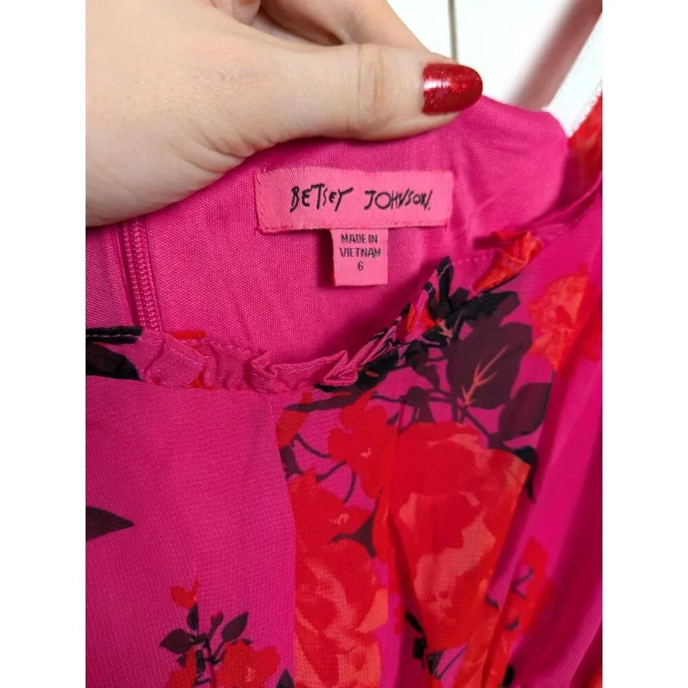 Betsey Johnson Smocked Hot Pink Floral Babydoll Mini Dress w/ Long Sleeves Sz 6 - Picture 5 of 8